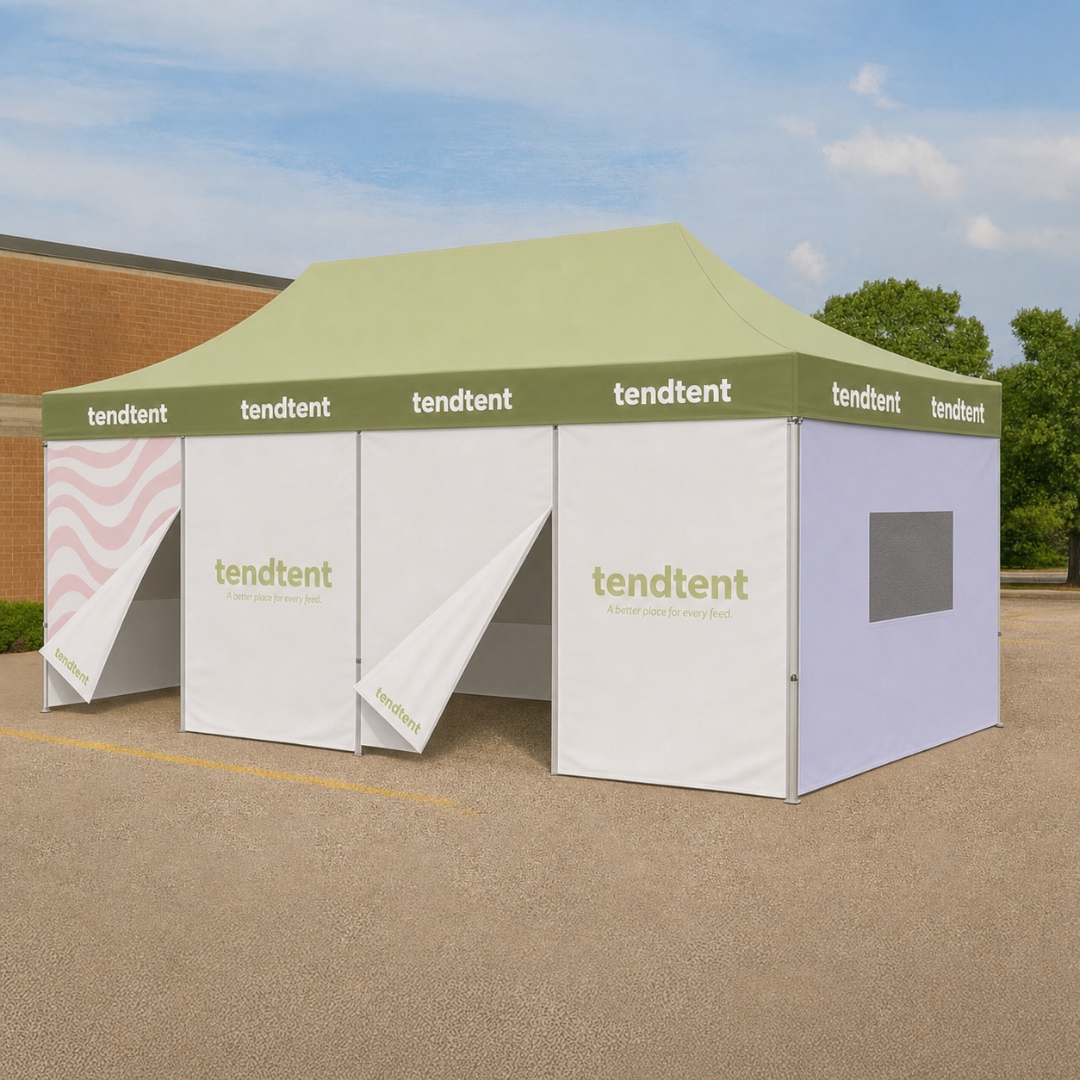 tendtent branded caregiver tent — olive canopy with tendtent wordmark and blush wave panels